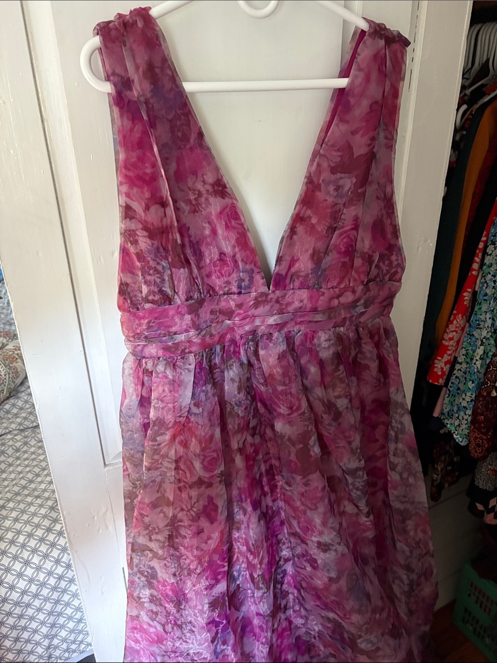 Lulu's Pink Floral V-Neck Chiffon Dress
